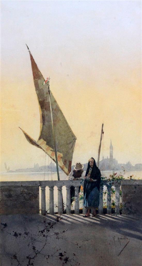Raffaele Mainella (Italian, 1858-1907) On the Lagoon, Venice and St. Georges from The Public Gardens, Venice, 12.5 x 6in.